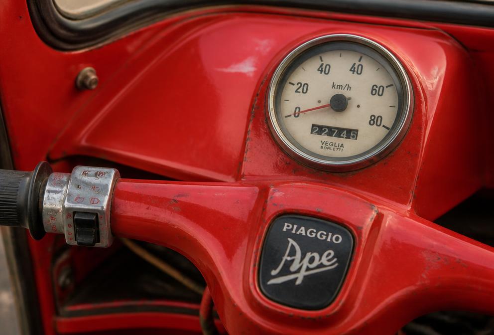 Detailaufnahme vom Lenker und Tacho eines klassischen roten Piaggio Ape